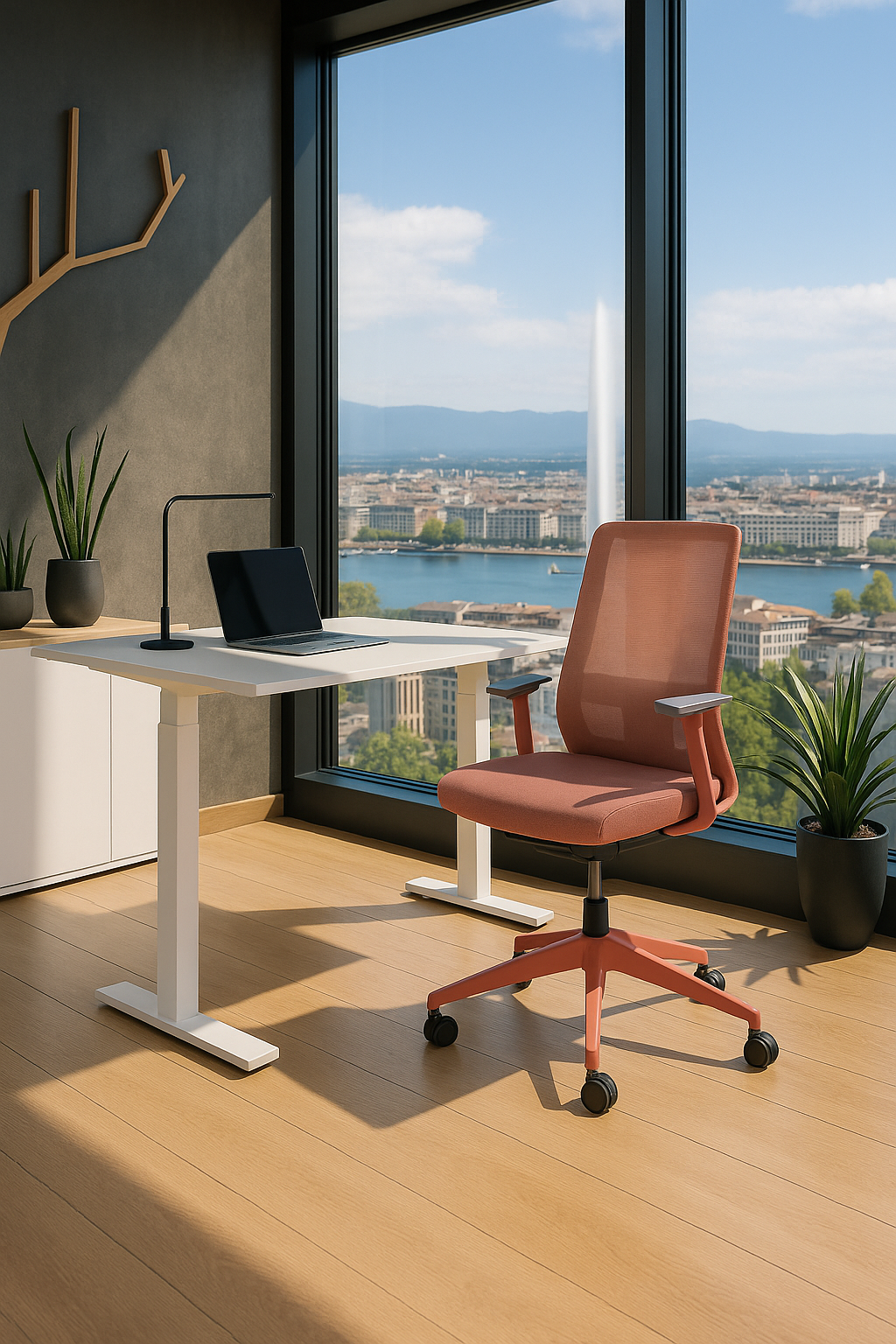 Un bureau blanc réglable, un laptop et une chaise de bureau rose devant une baie vitrée vue sur la palge